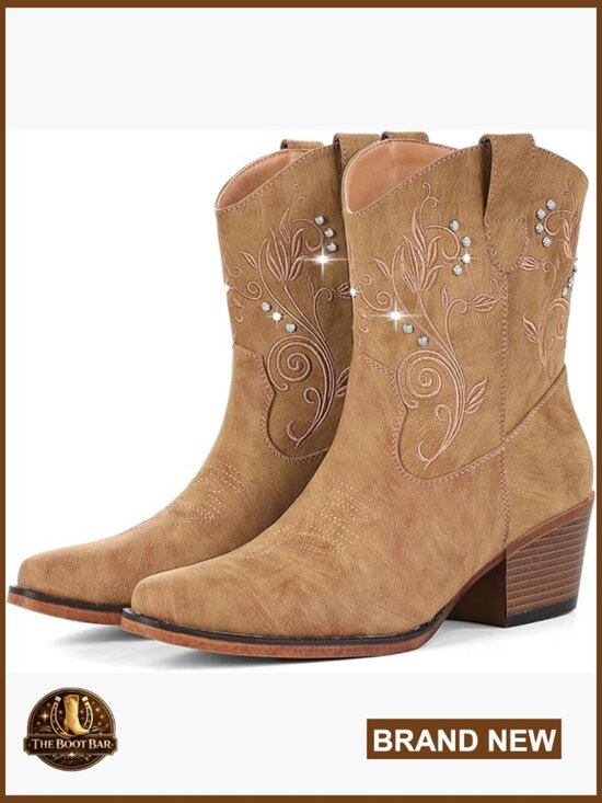 Shoes - Women's Ankle Cowboy Boots Chunky Heel Embroidered Rhinestone Snip Toe